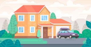 Zeichnung eines Einfamilienhauses mit Garage und Auto samt Garten - Immobilienkauf